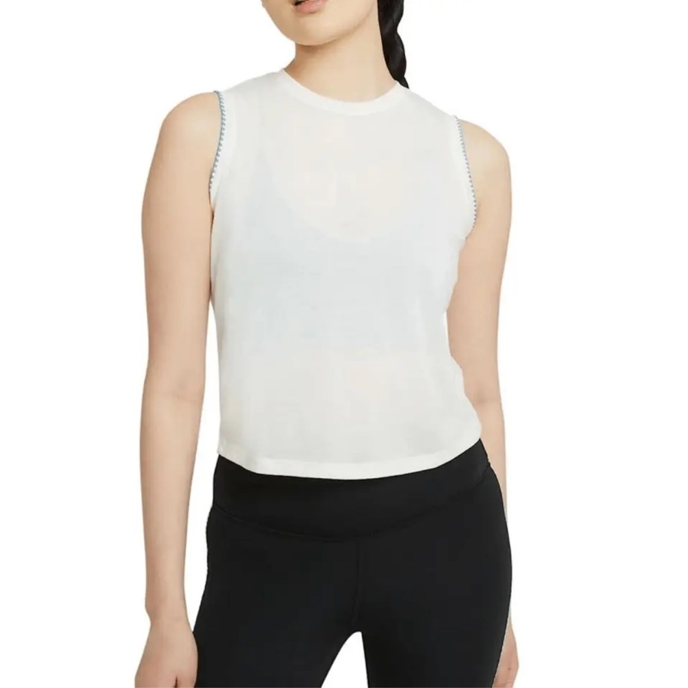 Nike Dri-Fit Crochet-Trimmed Yoga Tank Top Blue & Sail White Women’s Medium NWT